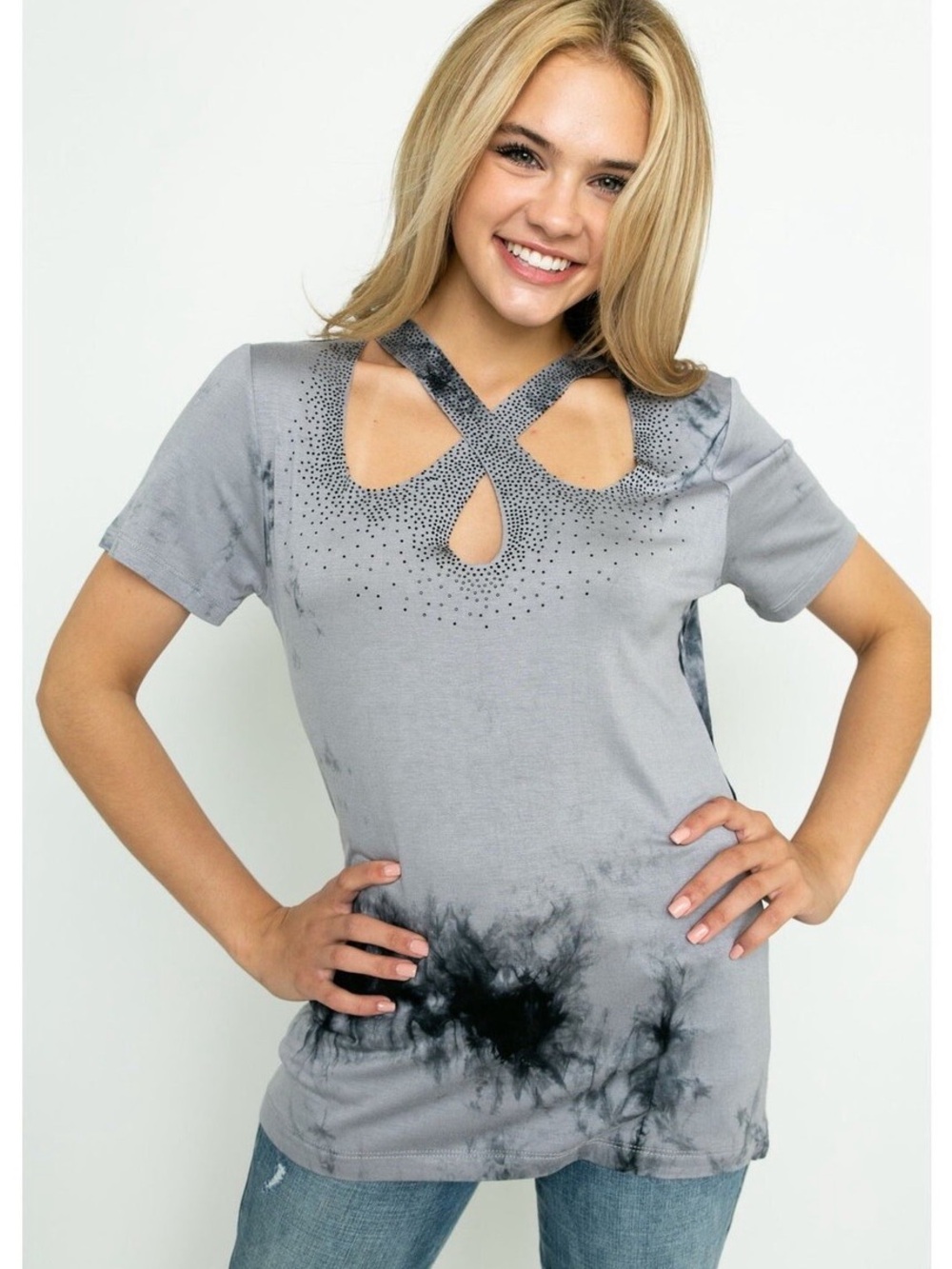 Women's Boutique Gray/Black Tie-Dye Cutout Short-Sleeve Top NWT